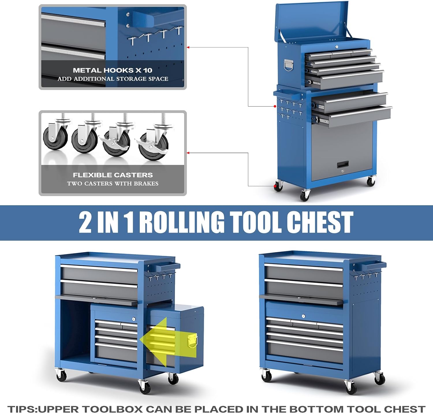 Rolling Tool Chest,8-Drawer Tool Chest with Wheels, Removable Toolbox Organizer,Detachable Large Tool Storage Cabinet with Lock & 10 Hooks & 8 Drawer Organizers,Suit for Garage,Warehous