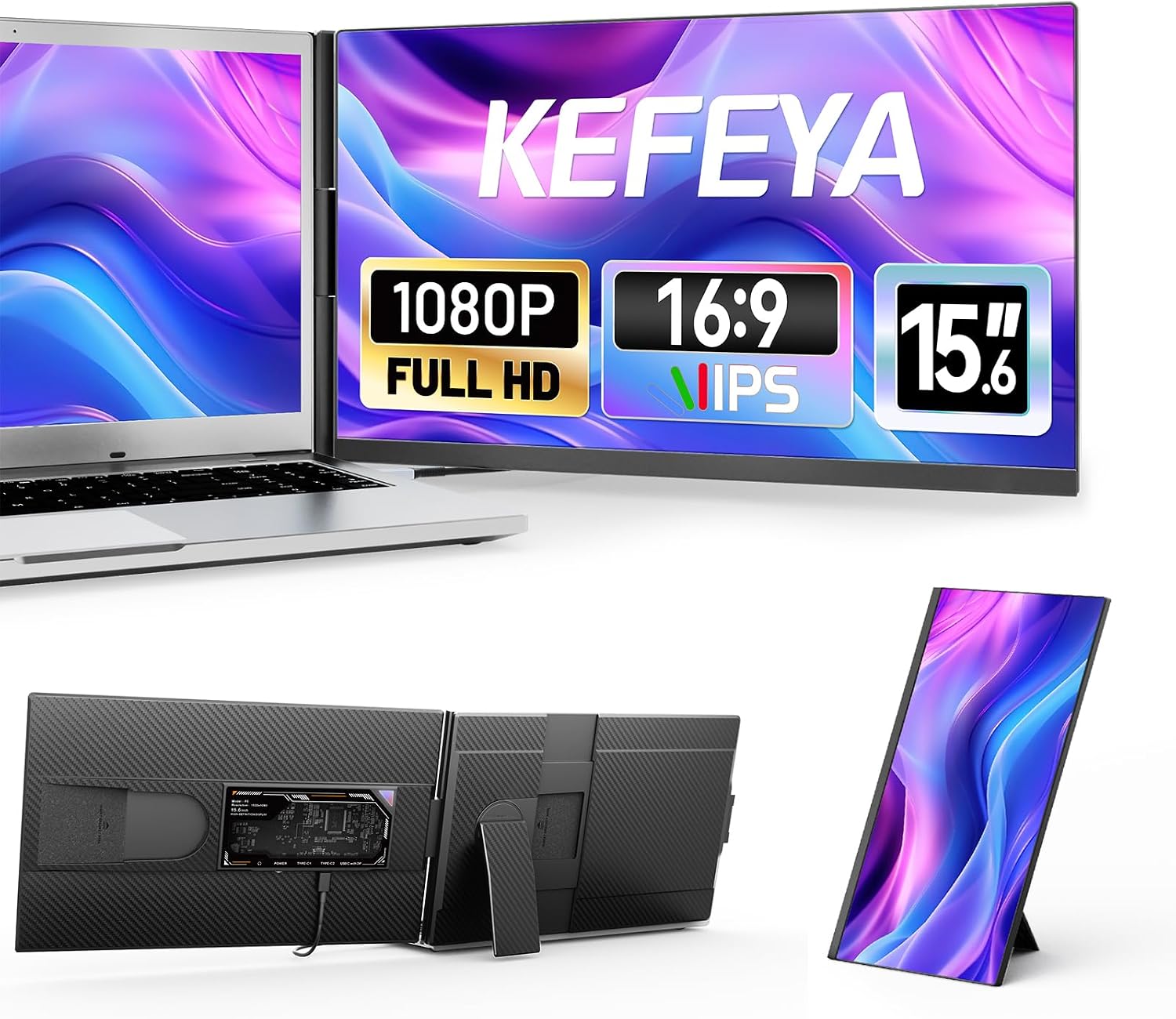 KEFEYA Laptop Screen Extender, 15.6' FHD 1080P IPS Portable Monitor for Laptop, Plug and Play Dual Monitor Extender for 13'-17.3' Laptops, Compatible with MAC, Windows, Android, Linux, Chrome