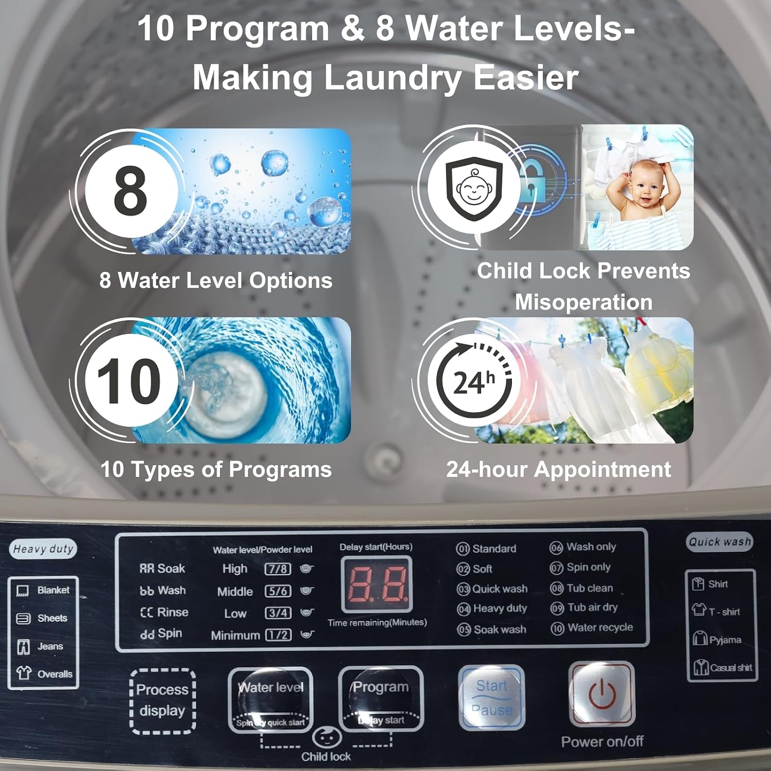Washing Machine 15.6 lbs Automatic Laundry Machine 10 Programs, LED Display, 8 Water Levels Top Load Washer, High-efficiency Portable Compact Washer for Bath, Apartment, RV, Dorm