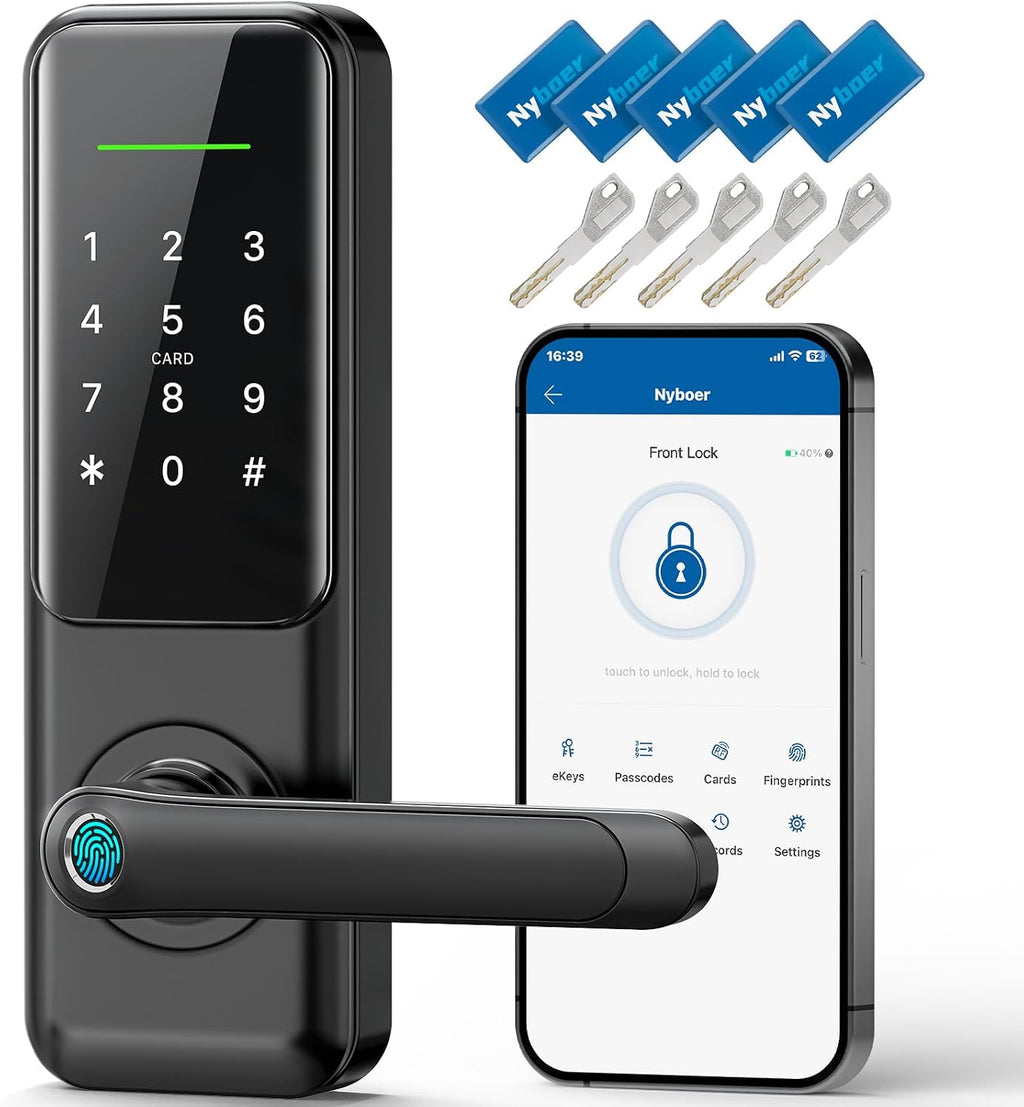 Fingerprint Smart Door Lock with Handle: Keyless Entry Keypad Lock for Front Door, Nyboer Electronic Digital Lock, Lockset Replacement for Exterior Doors