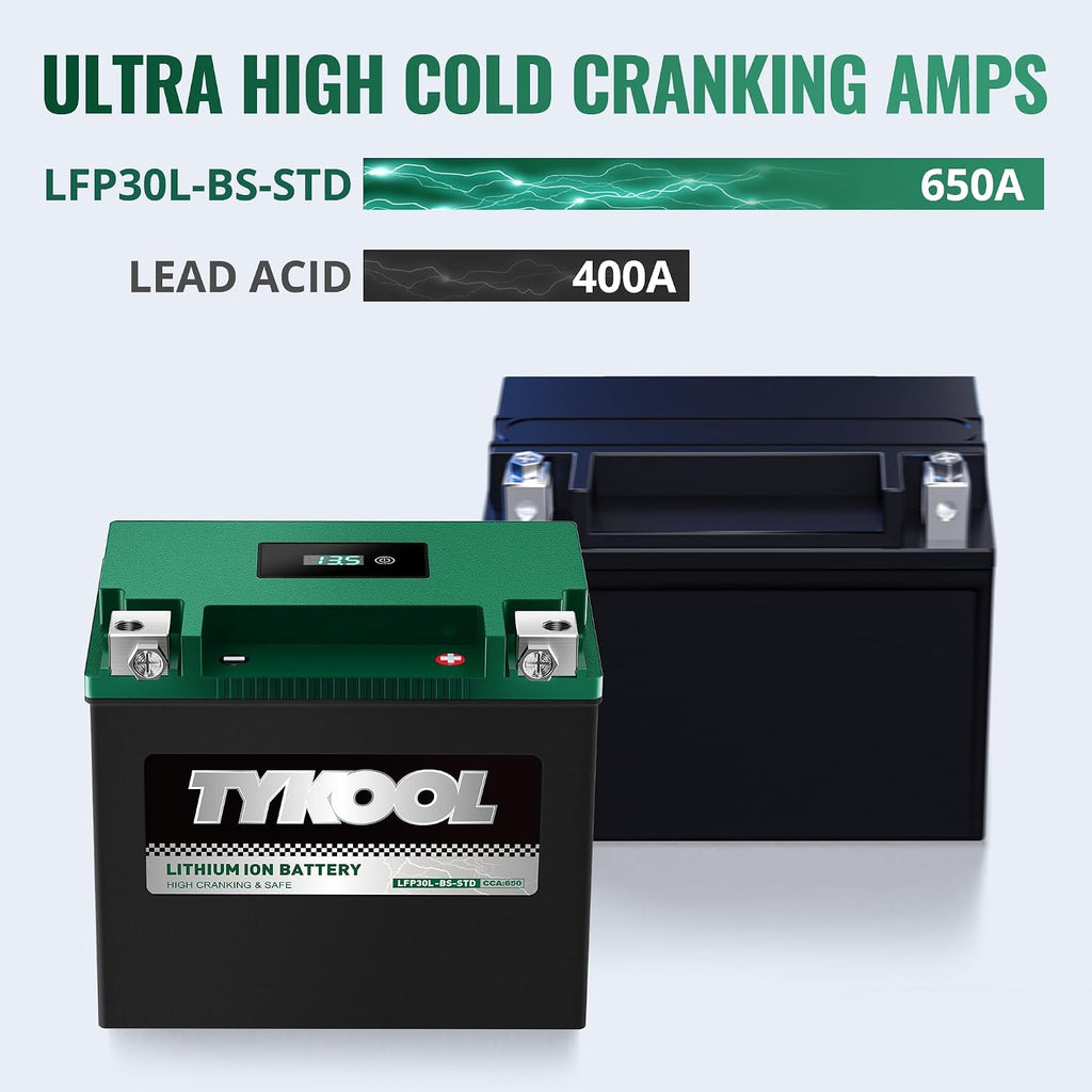 TYKOOL LFP30L-BS-STD Lithium Battery, Replaces YTX30L-BS, 650CCA 12Ah Fits for Motorcycle UTV ATV PWC, Compatible with Harley Touring Road King Moto Guzzi 1000cc Polaris Ranger RZR 800,Digital Readout