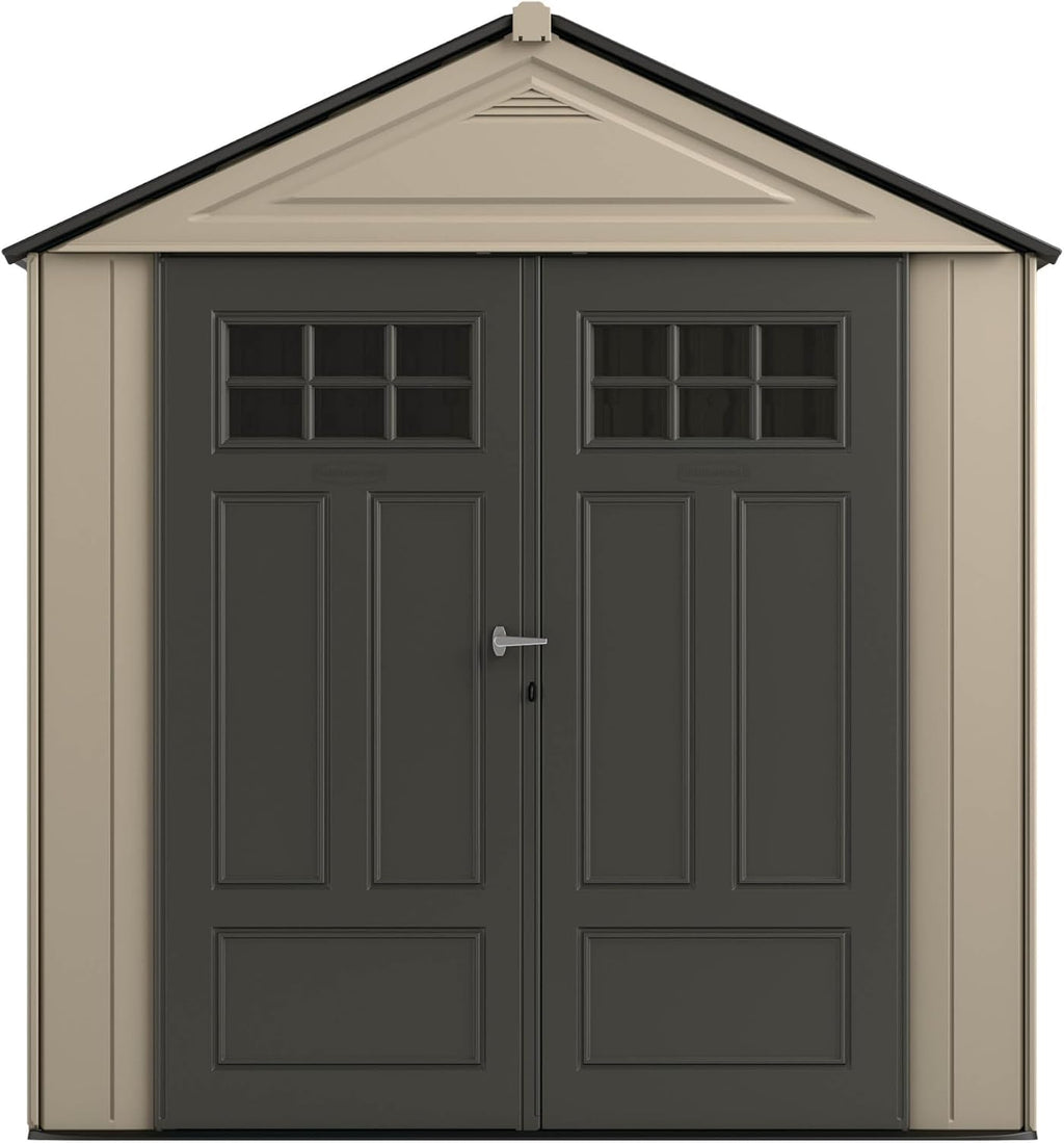 Rubbermaid Resin Outdoor Storage Shed With Floor (7 x 3.5 Ft) Weather Resistant, Brown Gable, Organization for Home/Backyard/Garden Tools/Lawn Mower/Bike Storage/Pool Supplies