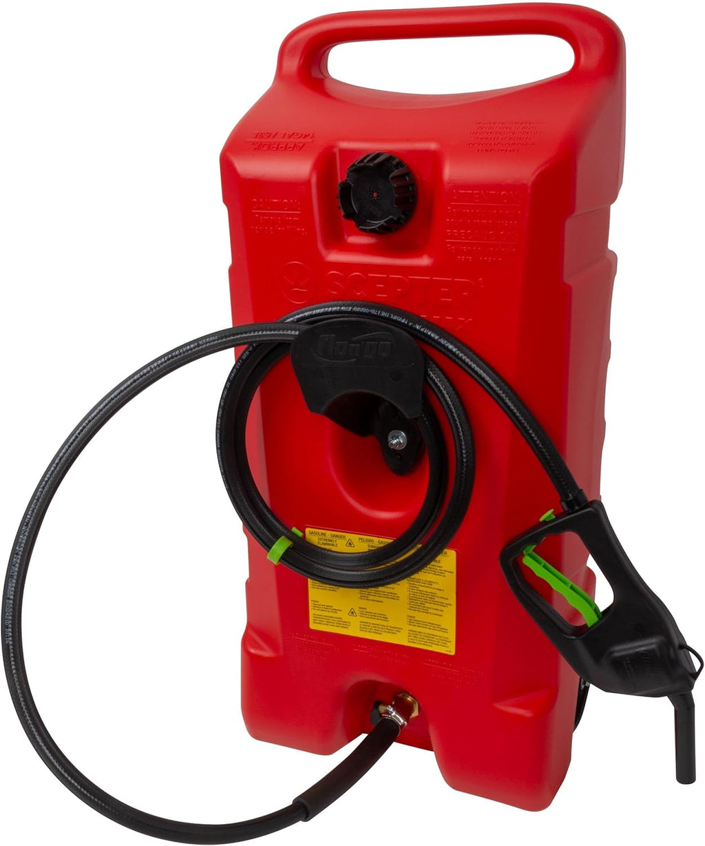 Scepter Duramax Flo 'N Go 14 Gallon Gas Caddy, 53 Liter Portable Fuel Tank and Fuel Transfer Pump with 10-Foot Hose for Lawn Mower, Farm, Marine, Commercial, and Home Use, Red