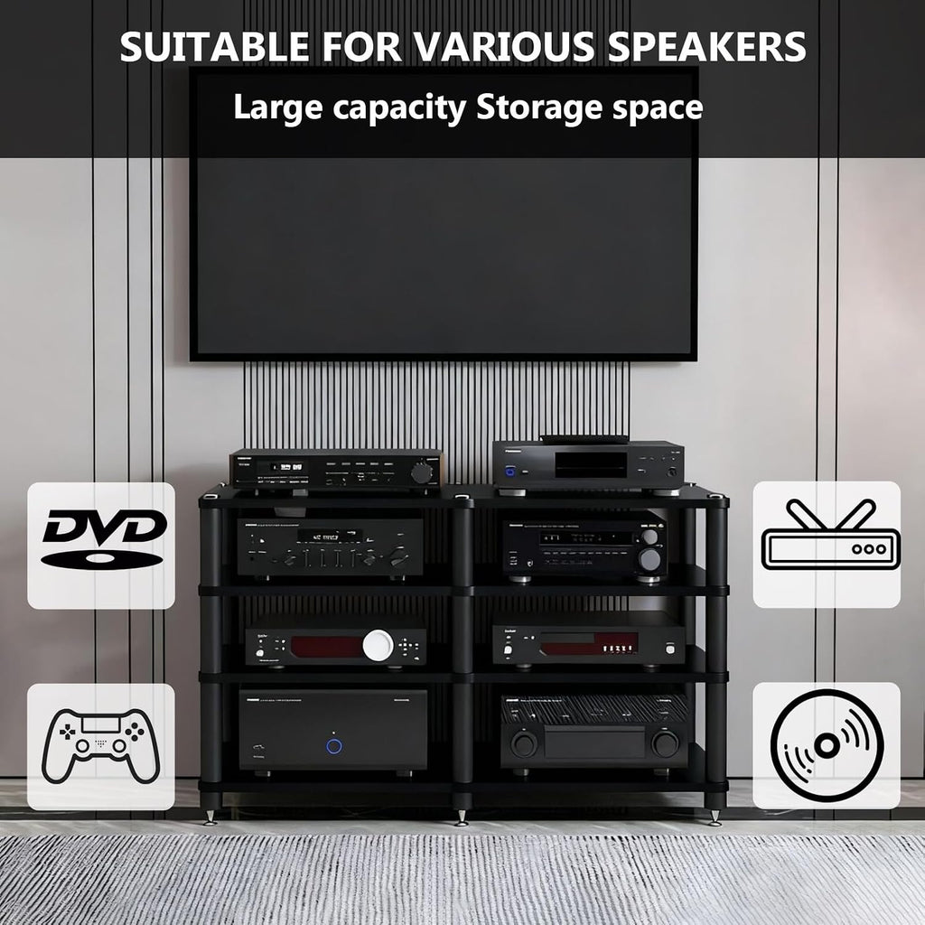Heavy Duty AV Media Stand, Multifunctional Stacking Audio Component Rack with Shock-Absorbing Foot pegs, Audio Stand for Home Theater Studio (Black, Third Floor)