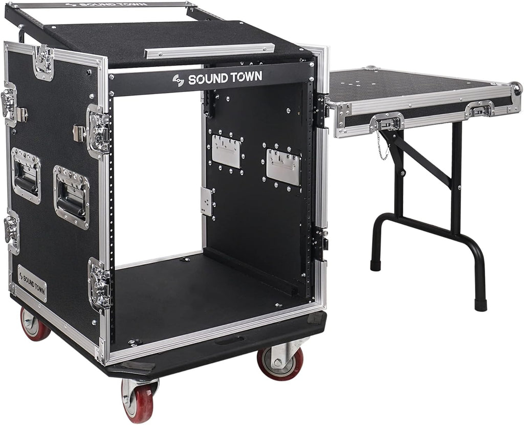 Sound Town High-Quality 1/2' (12mm) 12U PA DJ Pro Audio Rack/Road ATA Case with 11U Slant Mixer Top, Locking Drawer, Side Table, 20.2'' Rackable Depth and Casters (STMR-12TD2)
