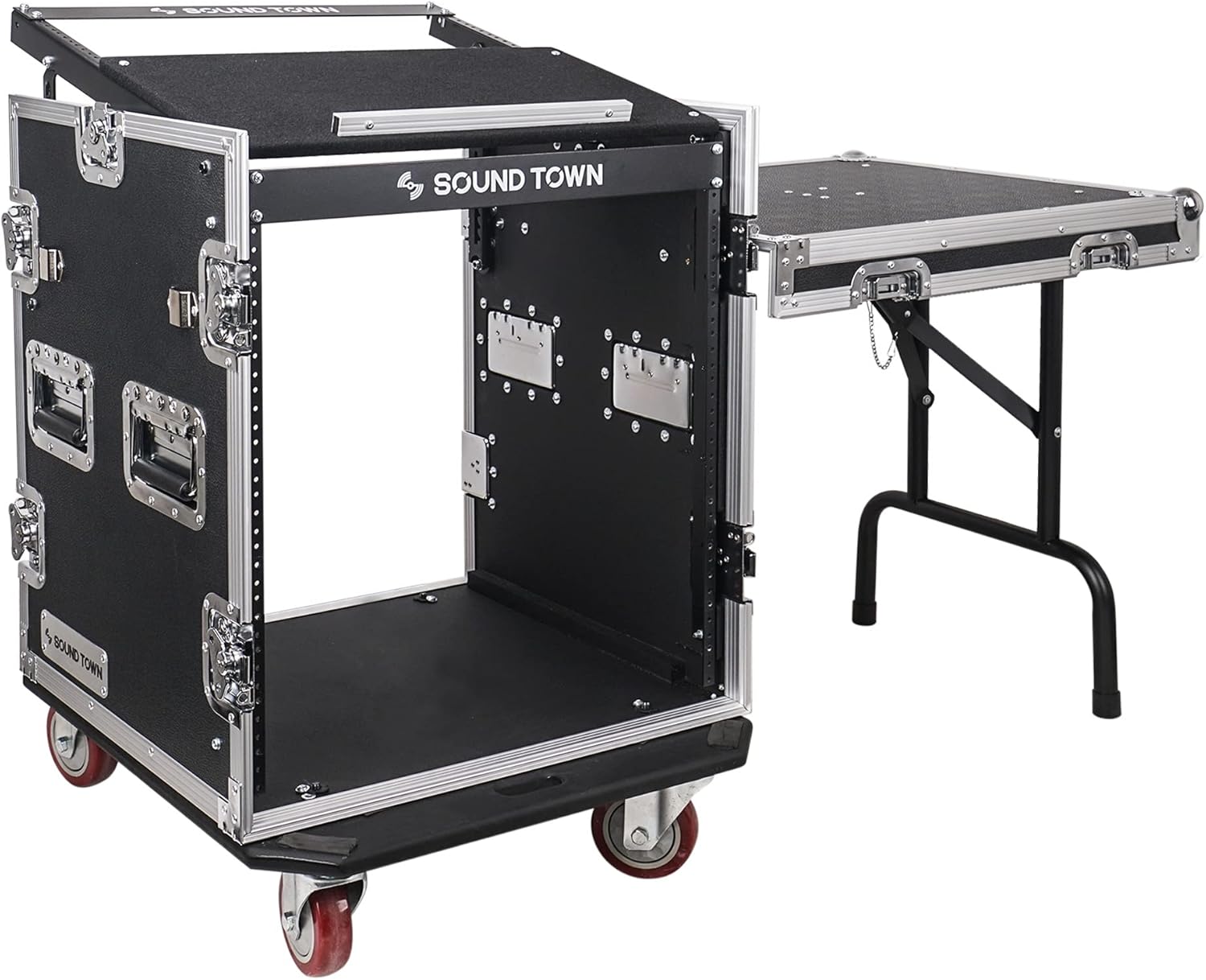 Sound Town High-Quality 1/2' (12mm) 12U PA DJ Pro Audio Rack/Road ATA Case with 11U Slant Mixer Top, Locking Drawer, Side Table, 20.2'' Rackable Depth and Casters (STMR-12TD2)