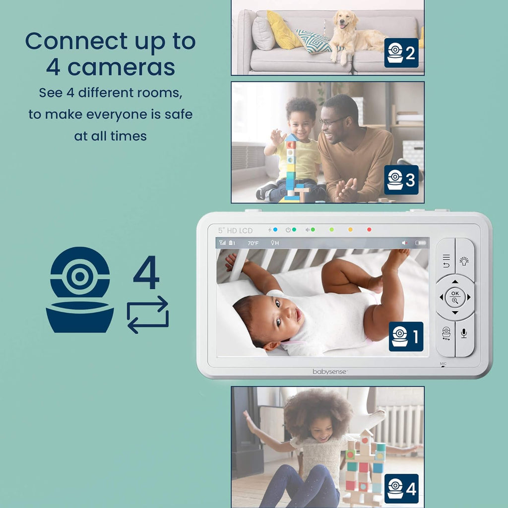 Babysense 5' HD Split-Screen Baby Monitor, Video Baby Monitor with 2 Cameras and Audio, Night Light, 1000ft Range, Two-Way Audio, 4X Zoom, Night Vision, 4000mAh Battery