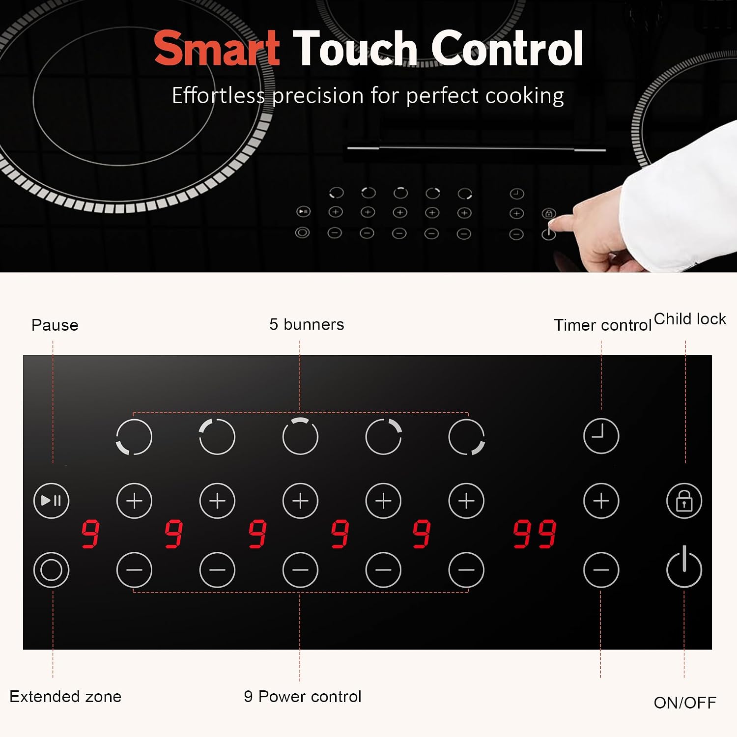 30 Inch Electric Cooktop, 5 Burner Electric Stove Top Touch Control, 8400W Built-in Ceramic Stovetop Burner 30' with Expandable Zone, Child Lock, Timer, Overheat Alert, 220-240v Hardwired