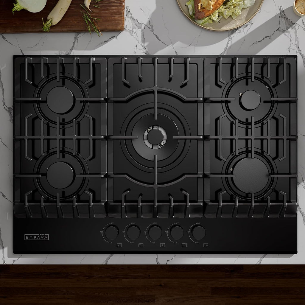Empava 30 in. Gas Stove Cooktop 5 Italy Sabaf Sealed Burners NG/LPG Convertible in Black Tempered Glass