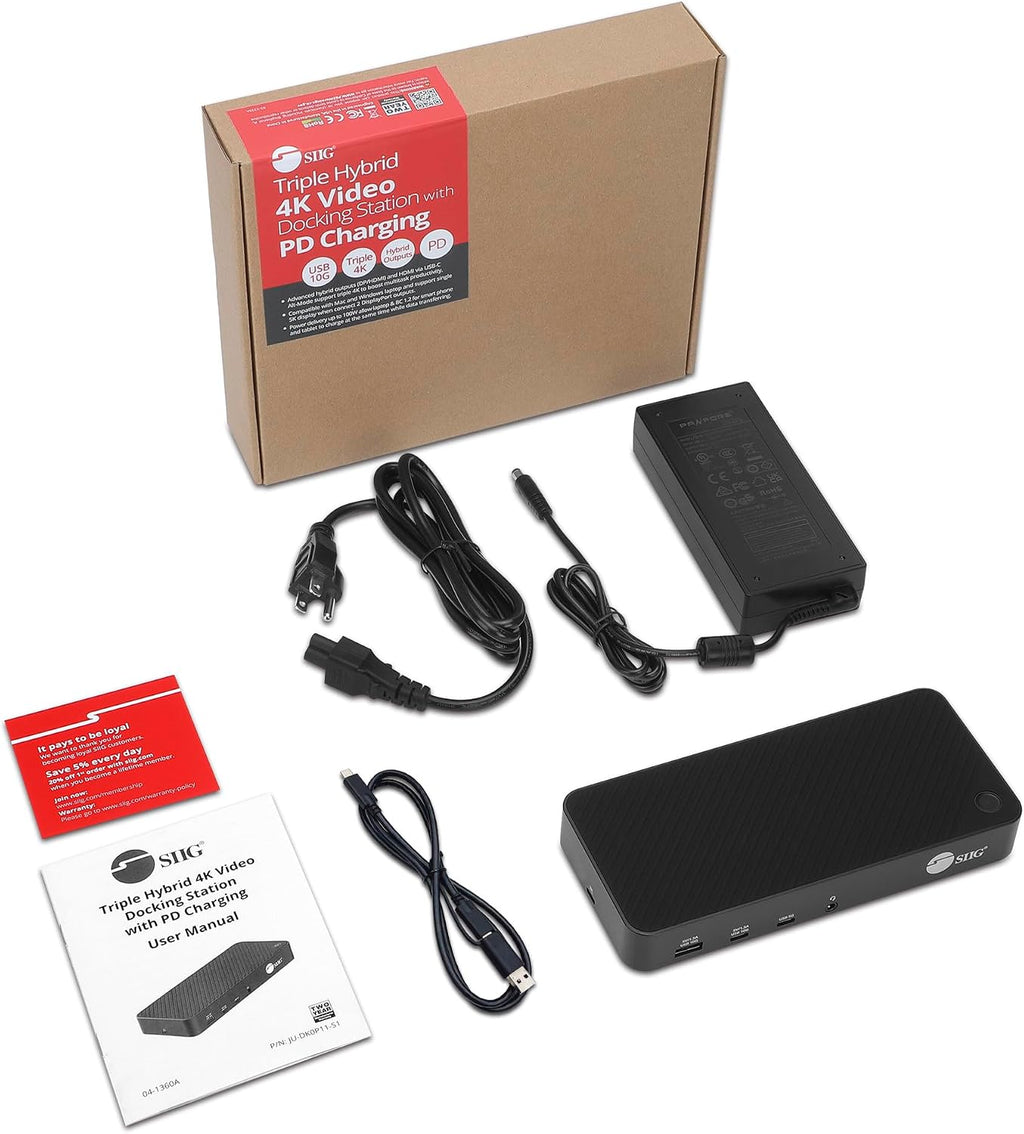 SIIG USB-C Triple 4K 60Hz Docking Station with 100W PD - Triple 4K@60Hz or Single 5K@60Hz Monitor Laptop Dock - DisplayLink - 3X HDMI, 2X DisplayPort, 3X USB-A, 2X USB-C, Gigabit Ethernet
