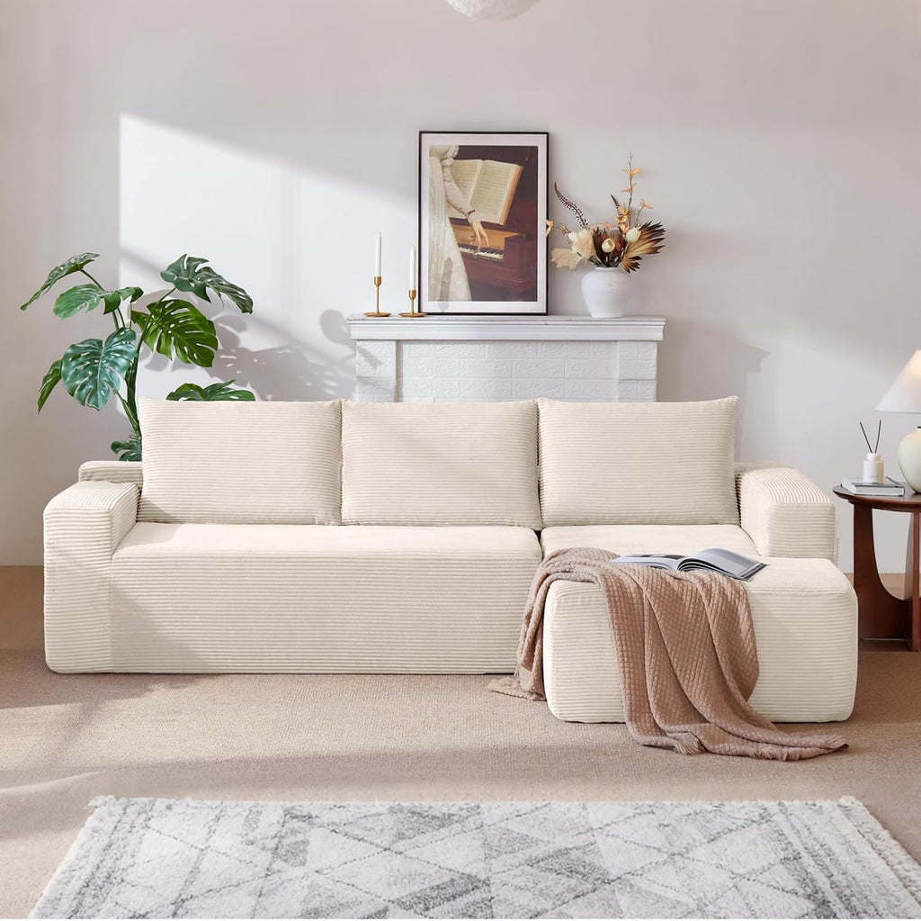 Modular Sectional Sofa Couches, 96' L-Shaped Cloud Boneless Couch with Right Chaise Lounge & Side Pockets for Living Room | No Assembly Required | Corduroy Fabric, Beige