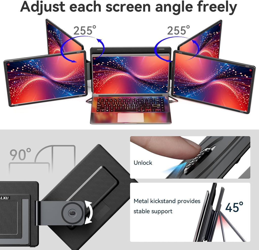 LXU Laptop Screen Extender, 16' 1200P Triple Laptop Monitor Extender, 16:10 Detachable Portable Extended Monitor for Laptops 12~16.5 Inch, No Driver, Plug n Play for Windows, MacBooks (NOT M1 M2 M3)