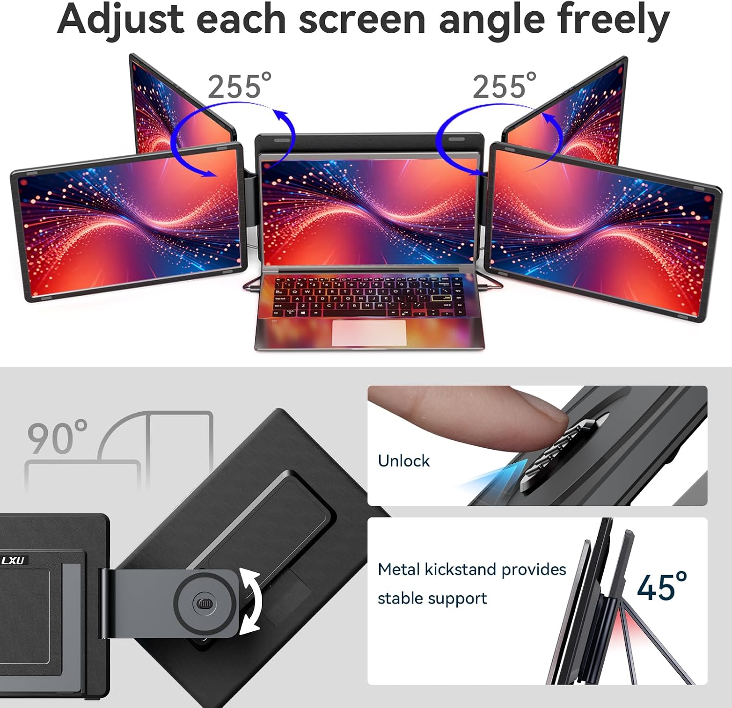 LXU Laptop Screen Extender, 16' 1200P Triple Laptop Monitor Extender, 16:10 Detachable Portable Extended Monitor for Laptops 12~16.5 Inch, No Driver, Plug n Play for Windows, MacBooks (NOT M1 M2 M3)