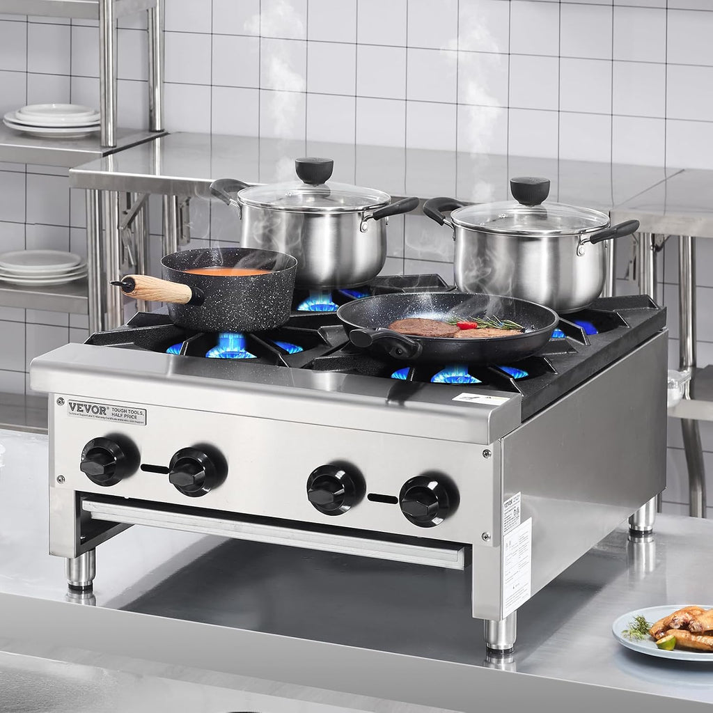 VEVOR Commercial Gas Stove with 4 Burners, Propane and Natural Gas Countertop Cooking Stove Range, Stainless Steel Gas Hot Plate, Commercial Cooking Equipment for Restaurant, 112,000 BTU