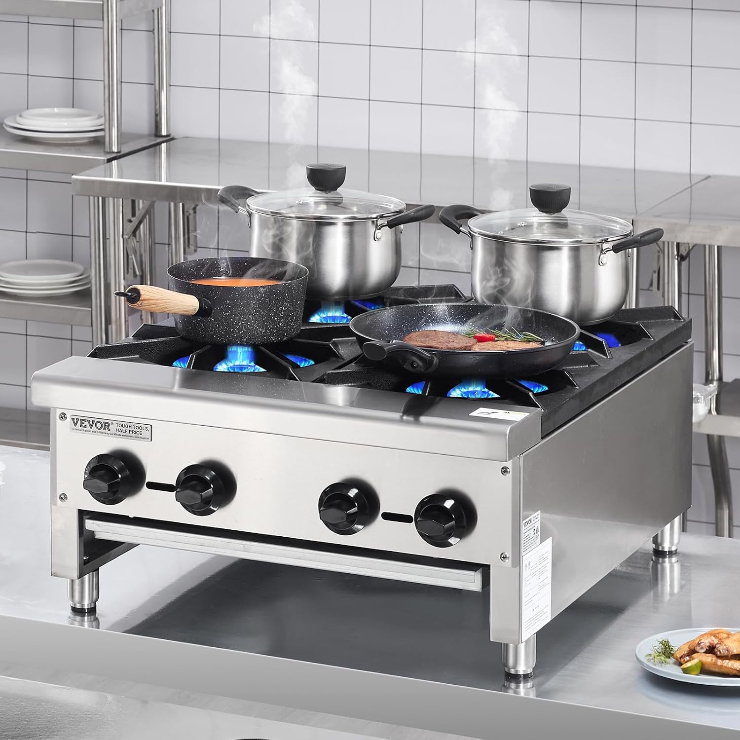 VEVOR Commercial Gas Stove with 4 Burners, Propane and Natural Gas Countertop Cooking Stove Range, Stainless Steel Gas Hot Plate, Commercial Cooking Equipment for Restaurant, 112,000 BTU