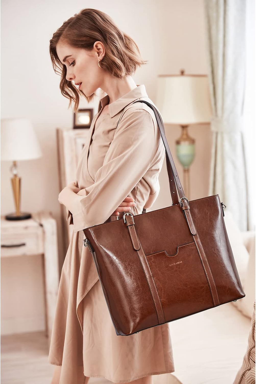 BOSTANTEN Leather Laptop Bag Work Tote for Women Shoulder Handbag Briefcase 15.6 inch Satchel Computer Bag