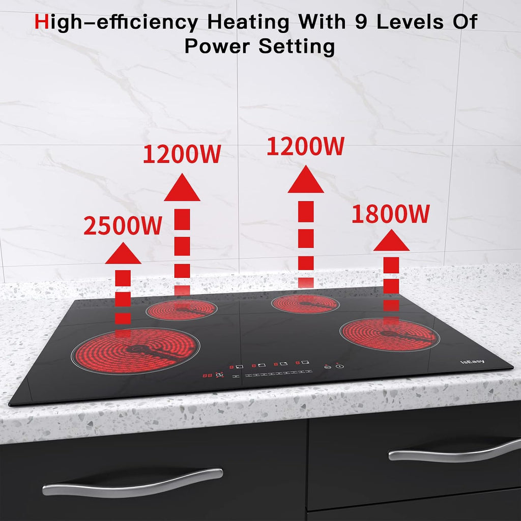 IsEasy Electric Cooktop 30 inch, 4 Burner Built-In Electric Cooktop, Drop-in Glass Cooker With Touch Control, 9 Power Levels, Child Safety Lock, Timer, 6700W