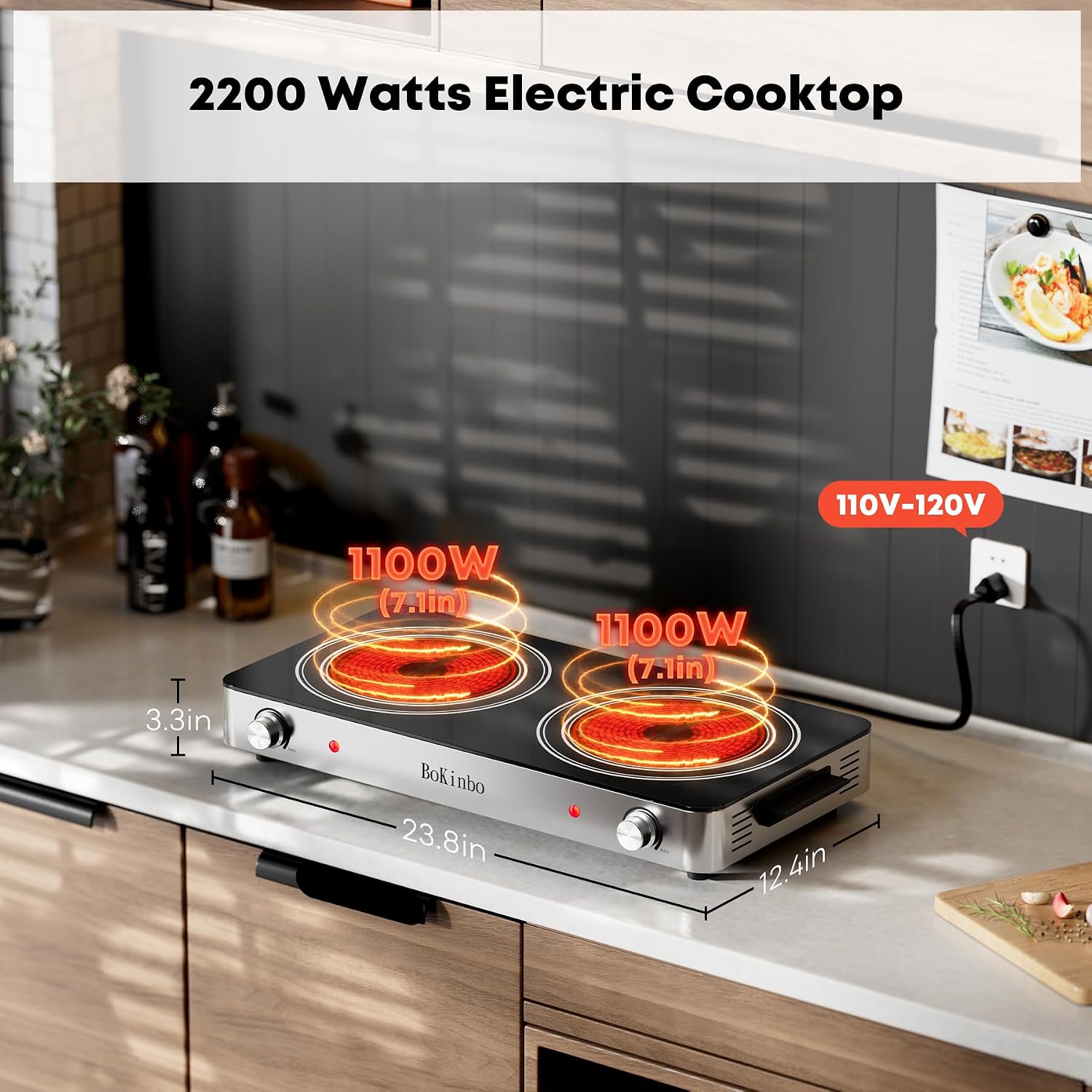 Electric Cooktop, Dual 2200 Watts Infrared Burner, 2 Burner Electric Hot Plate for Cooking, Knob Control Countertop & Built-in Ceramic Cooktop, Overheat Protection Burner for Dorm, Kitchen