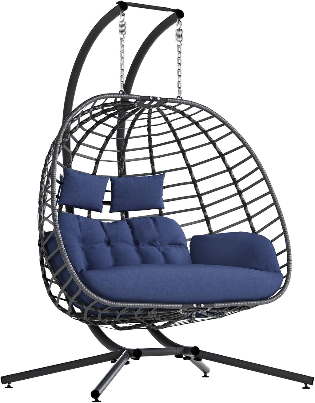 SWITTE Double Hanging Egg Chair with Stand, Outdoor Patio 2 Person Wicker Hammock Swing Chairs with Cushion for Indoor Bedroom, Lawn, Garden-Dark Blue