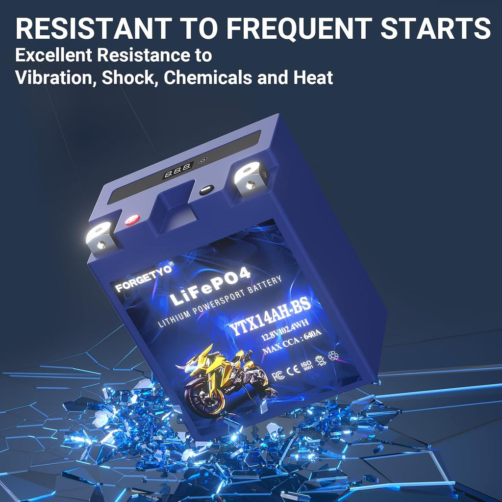Lithium Motorcycle Battery, Forgetyo YTX14AH-BS 12V 8AH 640A LiFePO4 Lithium Battery, ATV, UTV, Jet Ski Battery