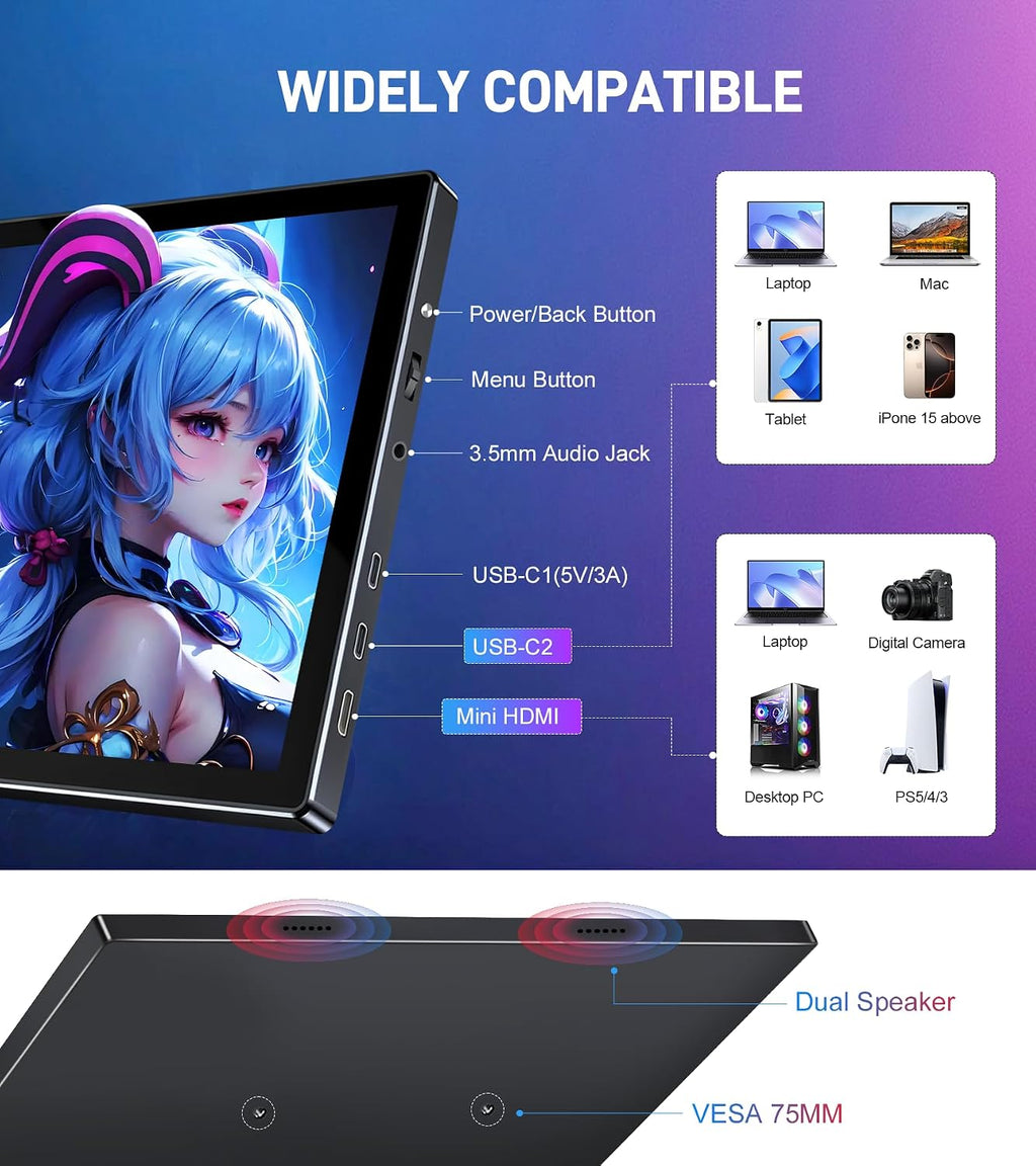 10.1 Portable Touchscreen Monitor - 1920×1200 FHD IPS 16:10,100% sRGB 1500:1,10-Point Touch Diaplay with Speaker HDMI USB-C VESA Magnetic Case for Travel Mac PC Xbox PS4/5 Loptop Phone(dark black)