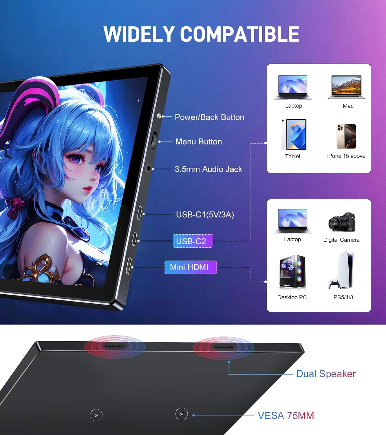10.1 Portable Touchscreen Monitor - 1920×1200 FHD IPS 16:10,100% sRGB 1500:1,10-Point Touch Diaplay with Speaker HDMI USB-C VESA Magnetic Case for Travel Mac PC Xbox PS4/5 Loptop Phone(dark black)