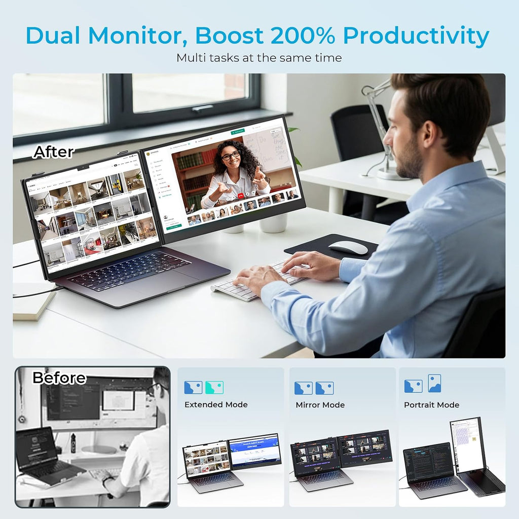 Laptop Screen Extender Ultra-Thin, 14' FHD 1080P Dual Portable Monitor for Laptop, 1.3lbs Lightweight Travel Monitor Extender Fit 13'-17.3', Plug and Play for Windows/Mac/Android/Chrome