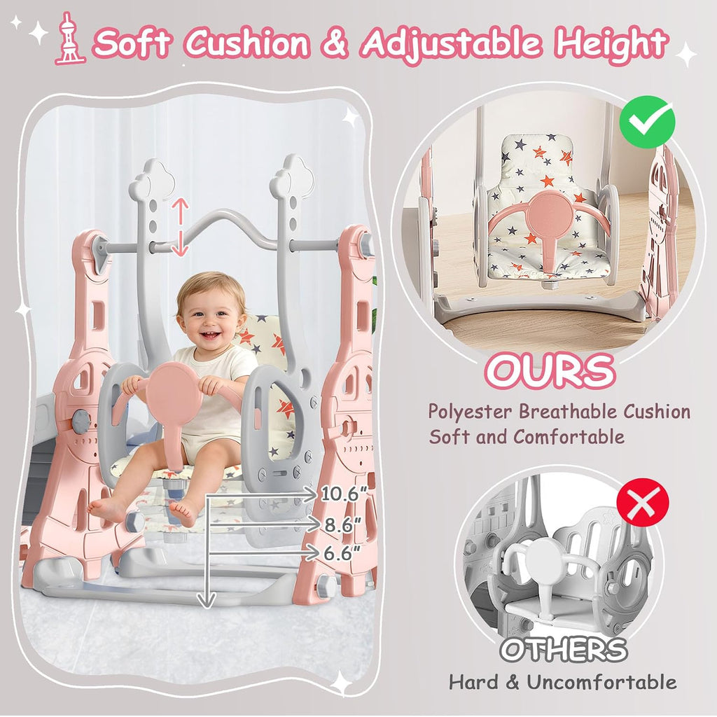 BIERUM Toddler Slide and Swing Set - Baby Slide for Toddlers Age 1-2, with Basketball Hoop, Indoor Outdoor Playset Pink Gray