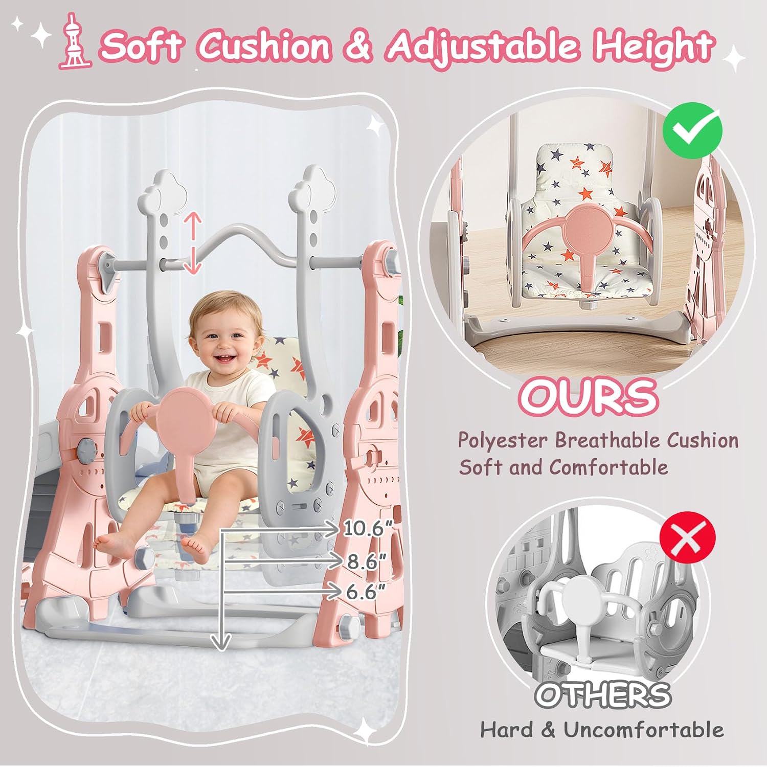 BIERUM Toddler Slide and Swing Set - Baby Slide for Toddlers Age 1-2, with Basketball Hoop, Indoor Outdoor Playset Pink Gray