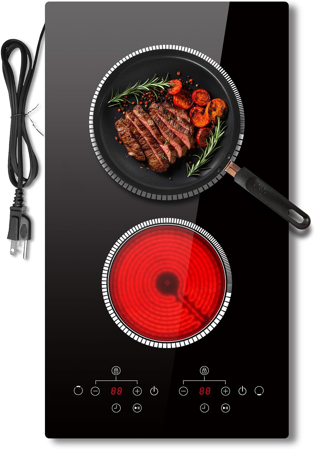 2 Burner Electric Cooktop, 120V Electric Stove Top Touch Control, 12 Inch Double Burner Countertop 2000W with Timer & 9-Level Adjustment, Child Lock, Built-in Radiant Plug In Stove Top Pladeca