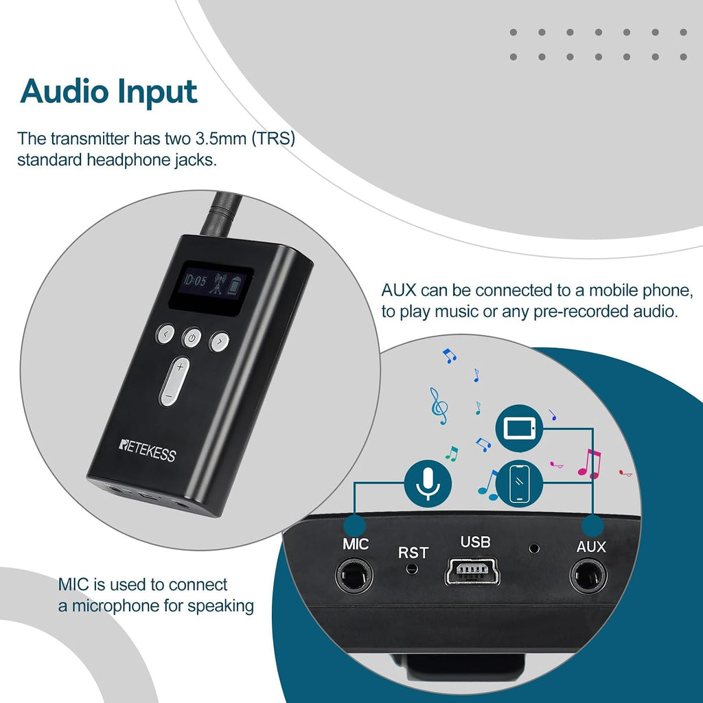 Retekess T130S T131S(2nd Gen T130) Audio Tour Guide System,Church Translation System, Hi-Fi Sound, 100m, D-Shaped Headphones for Both Ear, Tour Guide Headsets for School