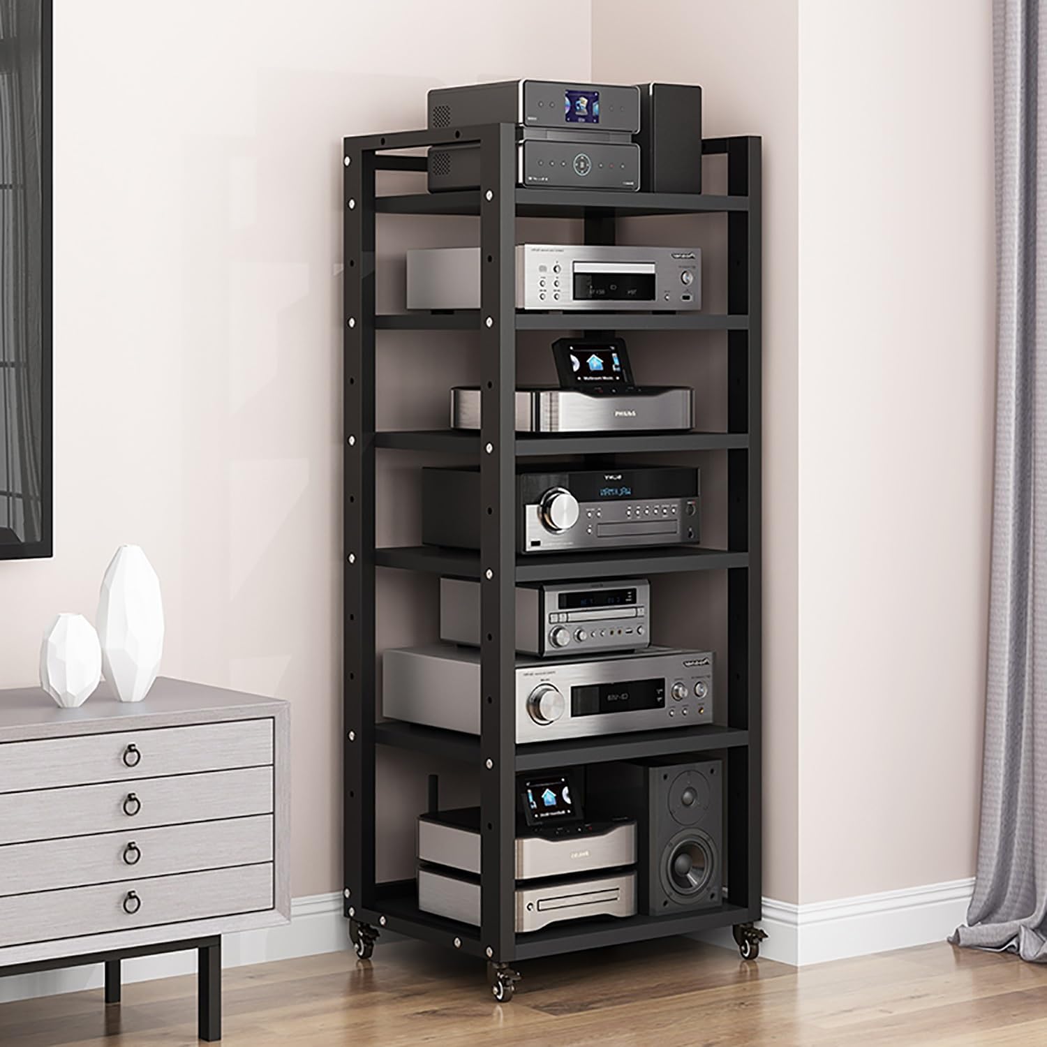 5 6 7 Tier AV Media Cabinet Stand, 4.6FT Tall Audio Tower Rack, Corner TV Stand with Adjustable Shelf, Modern Stereo Racks and Stands for Living, Gaming, Recording Room(Black-1,6 Tier)
