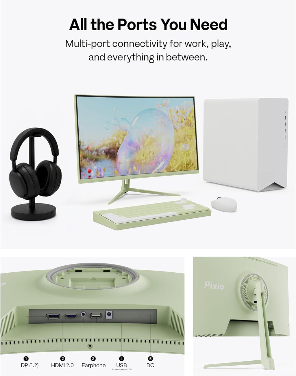Pixio PXC248 Wave Mint Green 24 inch 200Hz Refresh Rate FHD 1080p Resolution 1500R Curve Fast VA Panel 1ms GTG Response Time Adaptive Sync HDR Curved Gaming Monitor