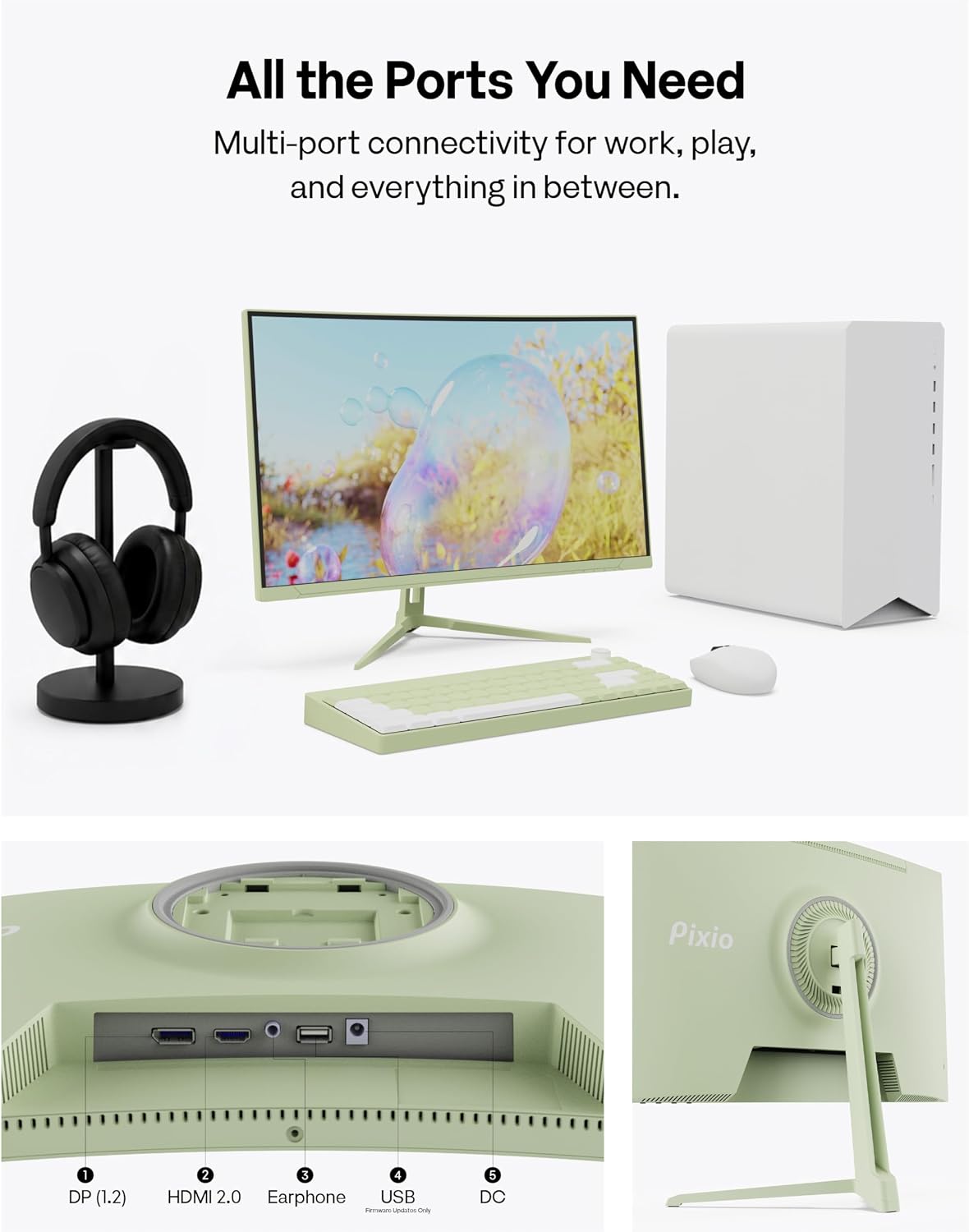 Pixio PXC248 Wave Mint Green 24 inch 200Hz Refresh Rate FHD 1080p Resolution 1500R Curve Fast VA Panel 1ms GTG Response Time Adaptive Sync HDR Curved Gaming Monitor
