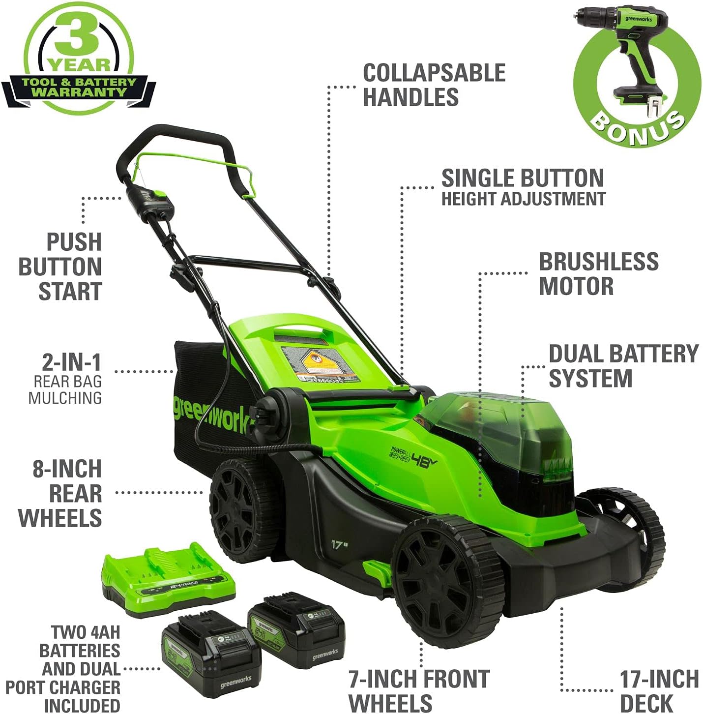 Greenworks 48V (2 x 24V) 17' Brushless Cordless Lawn Mower + 24V Drill / Driver, (2) 4.0Ah USB Batteries (USB Hub) and Dual Port Rapid Charger Included