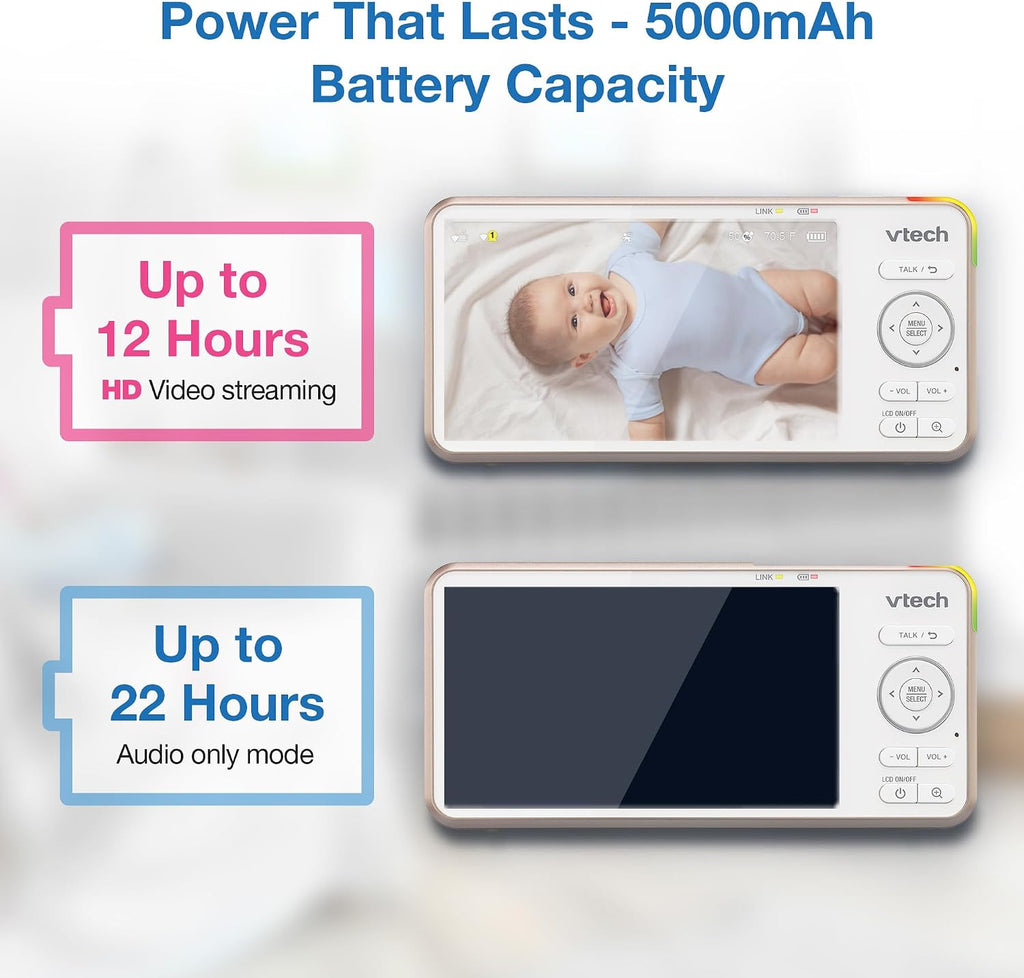 VTech V-Care VC2105 1080p FHD Over-The Crib Mount Smart Baby Monitor 5' 720p LCD Screen,Table Stand,Remote Access,Versatile Placement,Intelligence Detection, Sleep Analysis,18hrs Recording,with WiFi