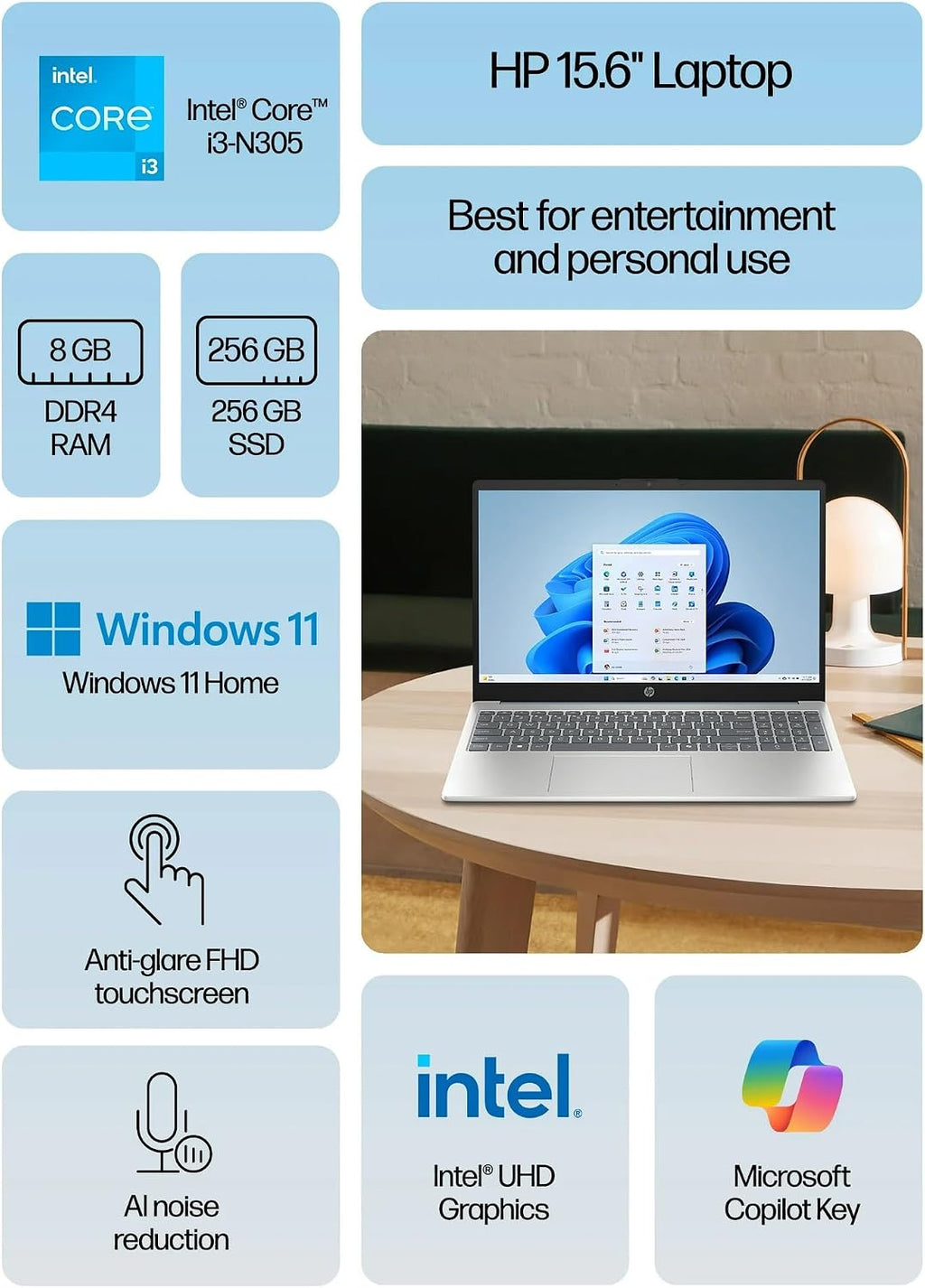 HP 15 Touchscreen Slim Laptop in Mystery Blue Intel 8-core i3-N305 up to 3.8GHz 8GB RAM 256GB SSD 15.6in Full HD Webcam WiFi HDMI W11 (15-FD - Renewed)