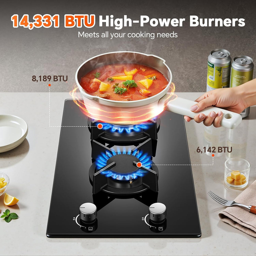 Gas Stove 2 Burner, Propane Cooktop 12 Inch, Built-in Gas Cooktop Black Tempered Glass Stove Top with Thermocouple Protection, LPG/NG Dual Fuel Hob for Apartment, Kitchen, RV