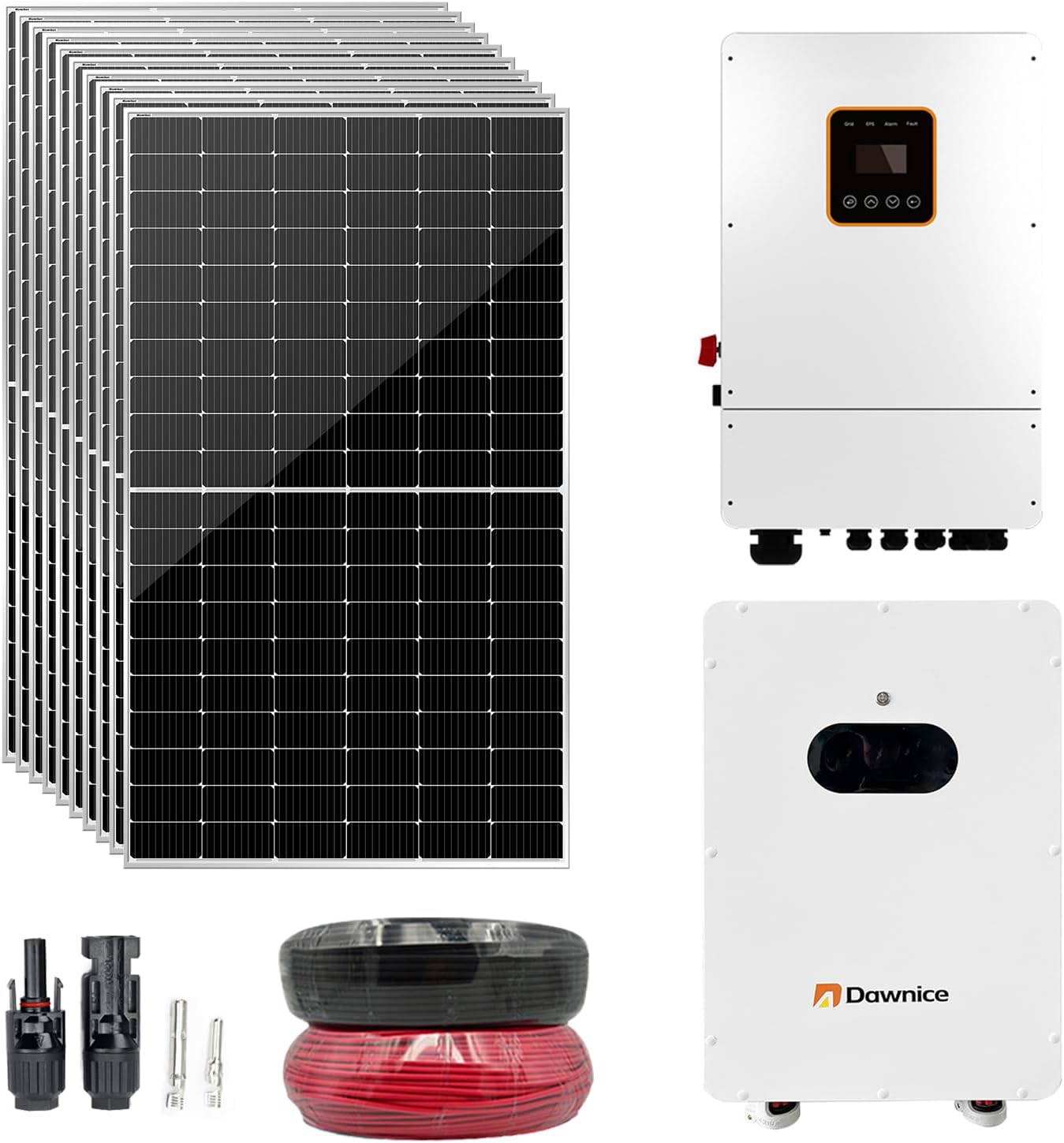 5kW Solar System Complete Kit Off Grid On Grid, 10pcs 550W Bifacial Solar Panels(5500W), 6000W Hybrid Split Phase Inverter(120V/240V), 51.2V Wall Mounted Lithium Battery (10kWh Battery)