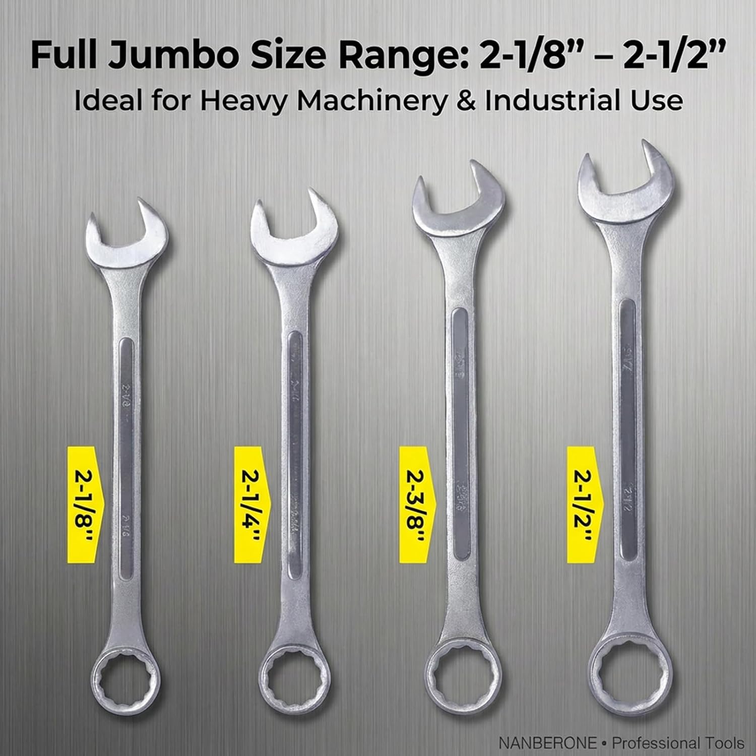 4PC Jumbo Combination Wrench Set, SAE 2-1/8'–2-1/2', Durable Carbon Steel, Chrome Plated Finish for Corrosion Resistance, Includes Storage Bag