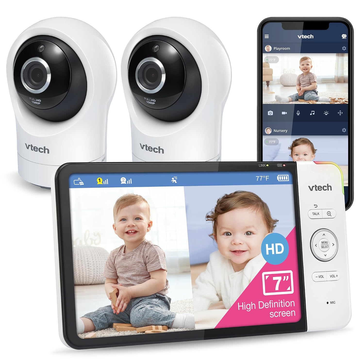 VTech RM7764-2HD Smart WiFi Baby Monitor with 2 Cameras, 1080p HD Video, 360° Pan & Tilt, 10x Zoom, 7' HD Parent Unit, Night Vision, Soothing Sounds, 2-Way Talk, Temperature & Motion Detection