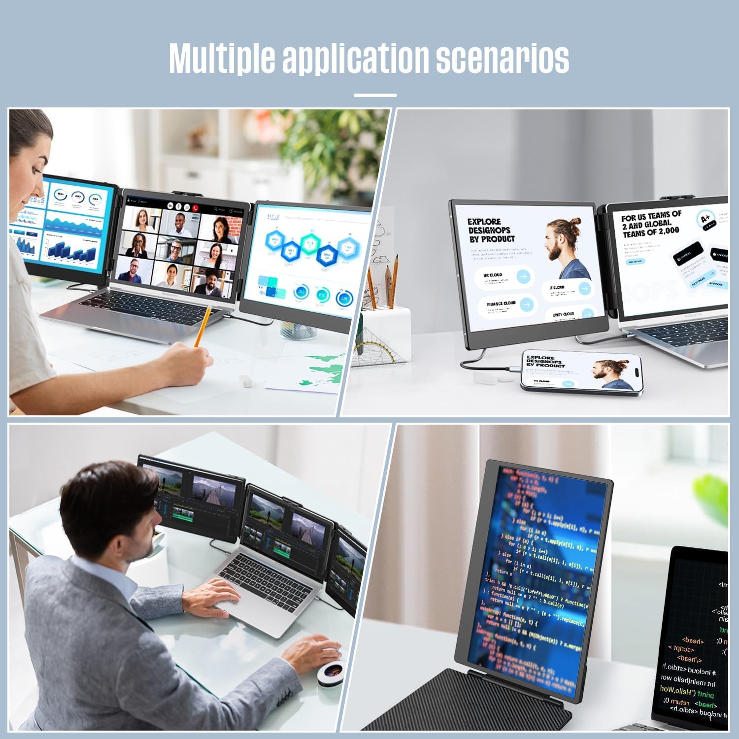ALLVIA Laptop Screen Extender 14' 1080P FHD IPS, Portable Monitor for Laptop 13-17', Triple Monitor Extended for laptops with Dual Speakers, Plug-Play with Type-C/HDMI/USB-A for Wins/Mac/Chrome