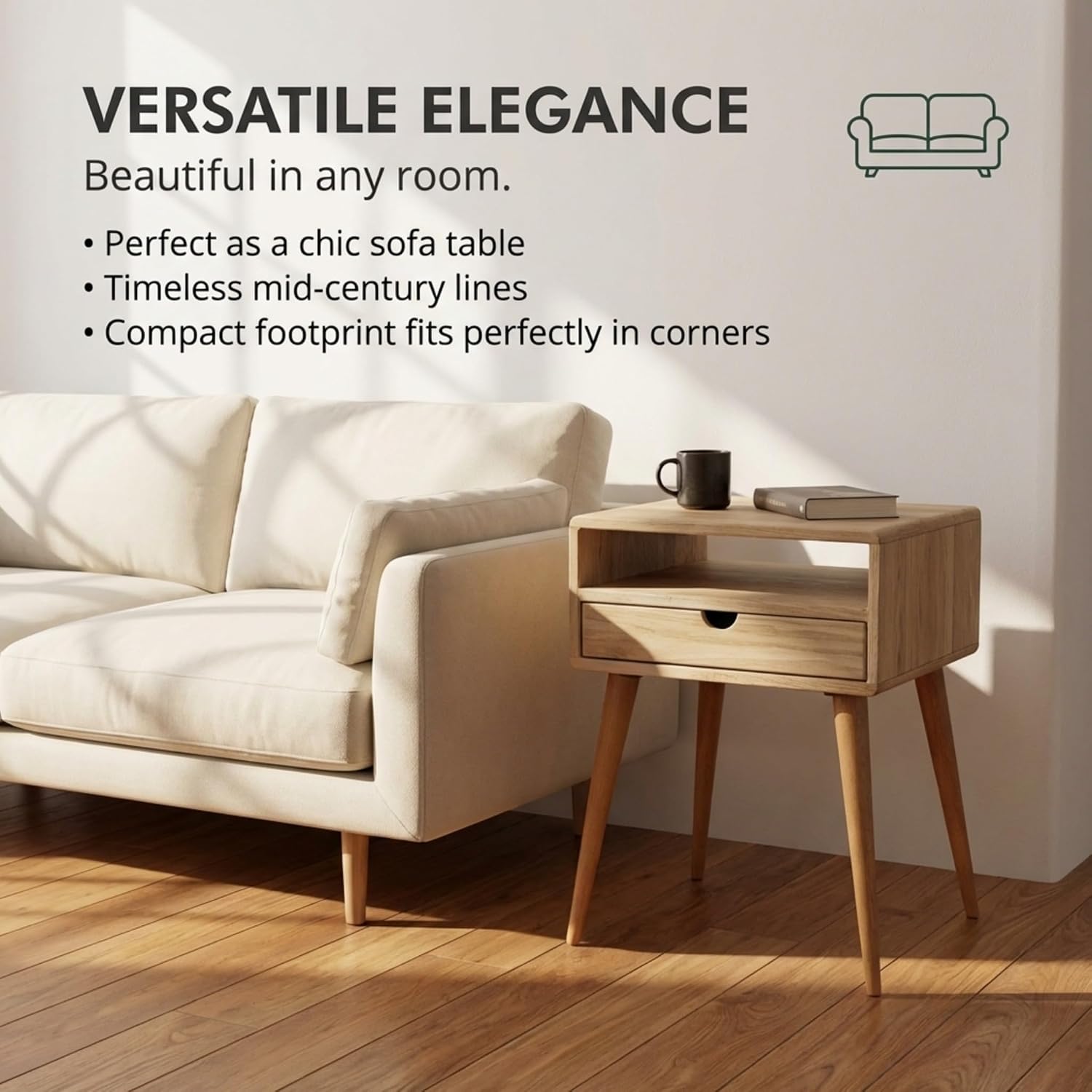 Ultimate Premium Products Mid Century Nightstand with Drawer Solid Oak Bedside Table with Shelf Nightstand Organizer Unique Style Handmade Bedroom Furniture - Oak