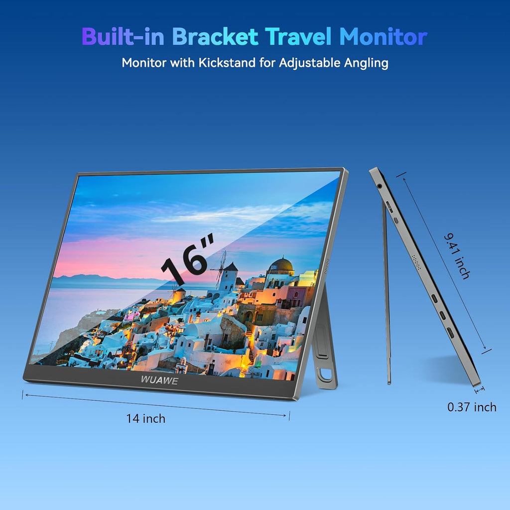 WUAWE 120Hz Portable Monitor, 100% sRGB 16 Inch Portable Gaming Monitor with Built-in Stand, HDR and Freensync, External USB C Monitor for Laptop, PC, Phone, Switch and PS5 (Silver)