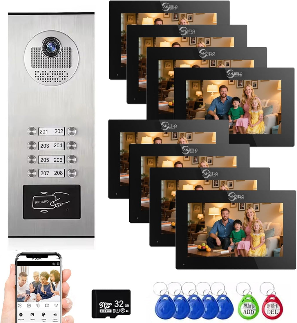 Tuya Smart Home Wired Apartment Video Intercom System, 1080P HD Video Doorbell, Compatible with 8 Units 7-inch Touchscreen, Supports Motion Detection, Two-Way Audio, Indoor Outdoor