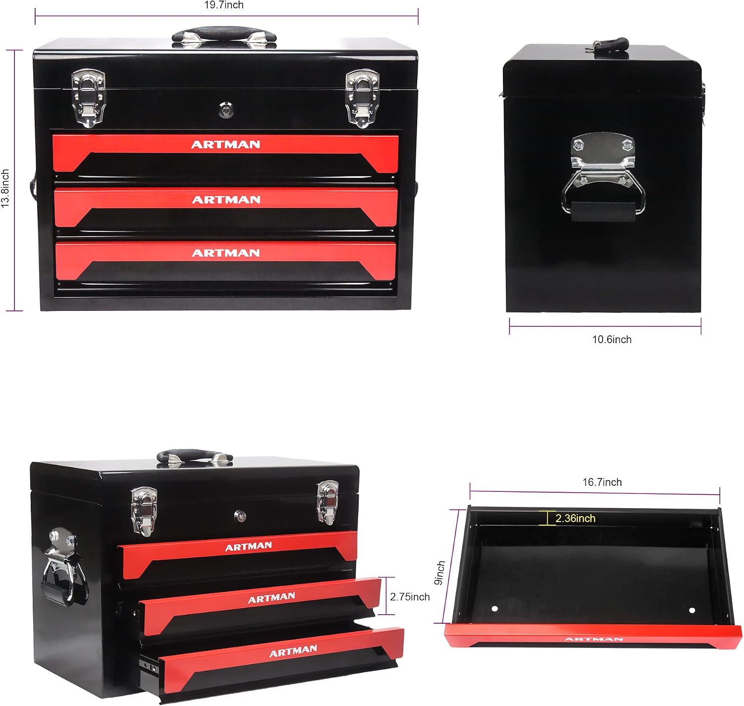 3-Drawer Handheld Toolbox, 3 Drawer Heavy Duty Metal Organizer Box with Lock, Portable Tool Organizer Case for Auto Repair, Garage, Warehouse, Workshop, Repair Shop