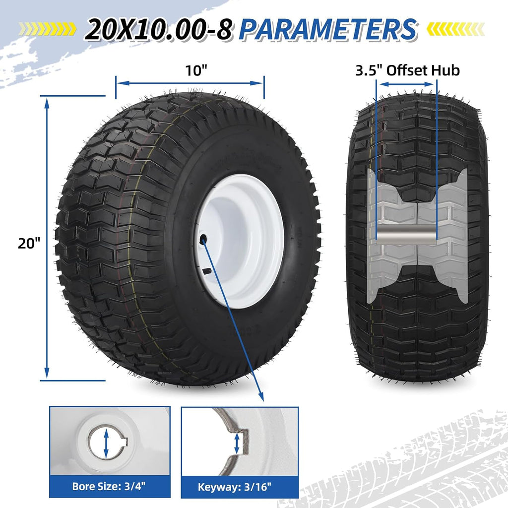 GICOOL 20x10.00-8 Lawn Mower Tire and Wheel, 4 Ply Tubeless Tire, Replacement 20x10-8nhs Riding Lawn Mower and Tractor Rear Tire and Wheel Assemblies, 3.5' Offset Hub, 3/4' Borehole, and 3/16' Keyway