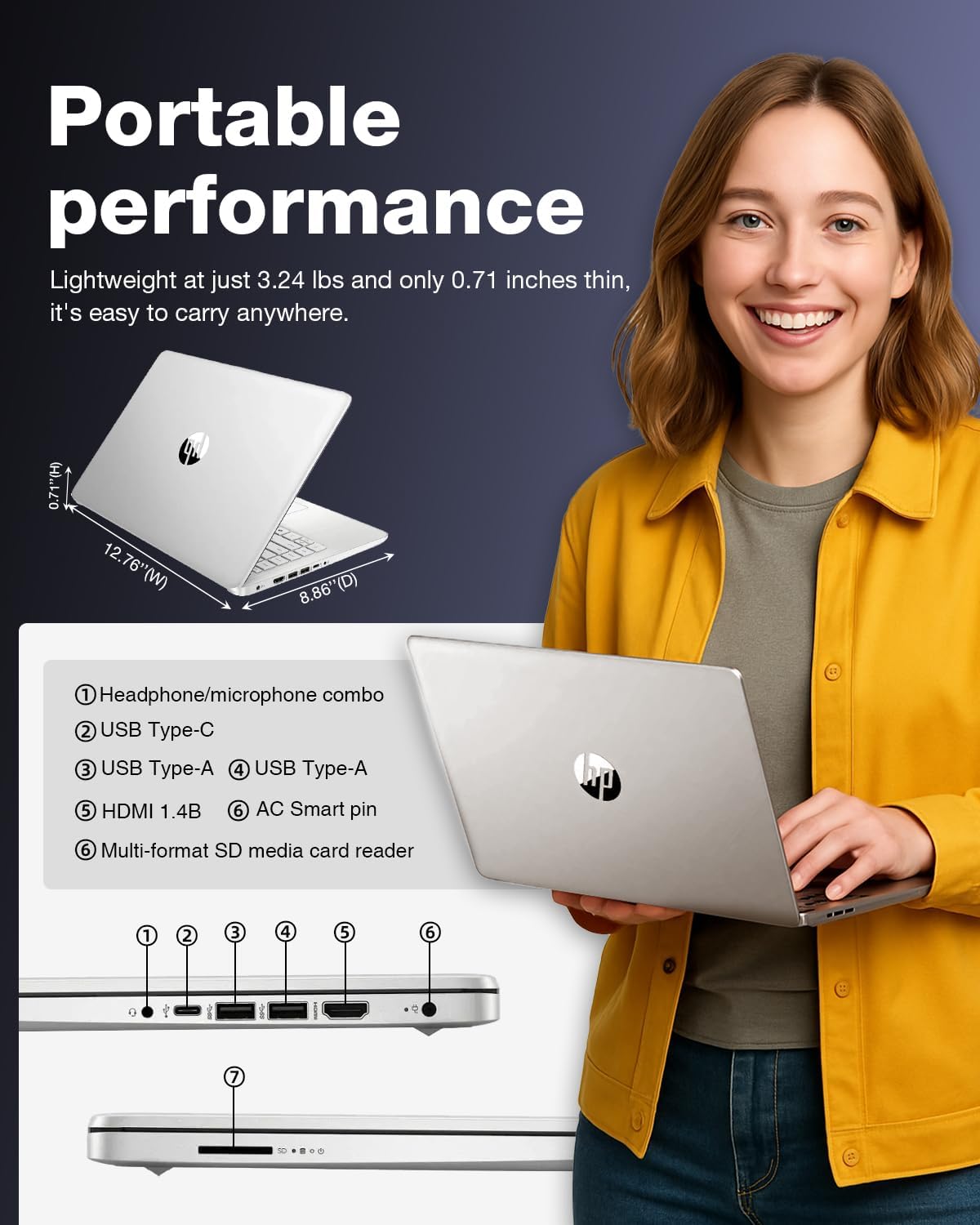 HP 2025 14' Small Laptop Computer - HD Thin & Light Laptop • Intel 4-Core N150 • Windows 11 Home • 1-Year Free Microsoft Office 365 • Bluetooth • Wi-Fi• 16GB RAM • 128GB UFS + 256GB Micro SD Card