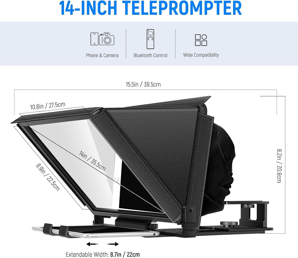 NEEWER X12 14 inch Aluminum Alloy Teleprompter for iPad Tablet Smartphone DSLR Cameras with Remote Control, Carry Case, APP Compatible with iOS/Android for Online Teaching/Vlogger/Live Streaming