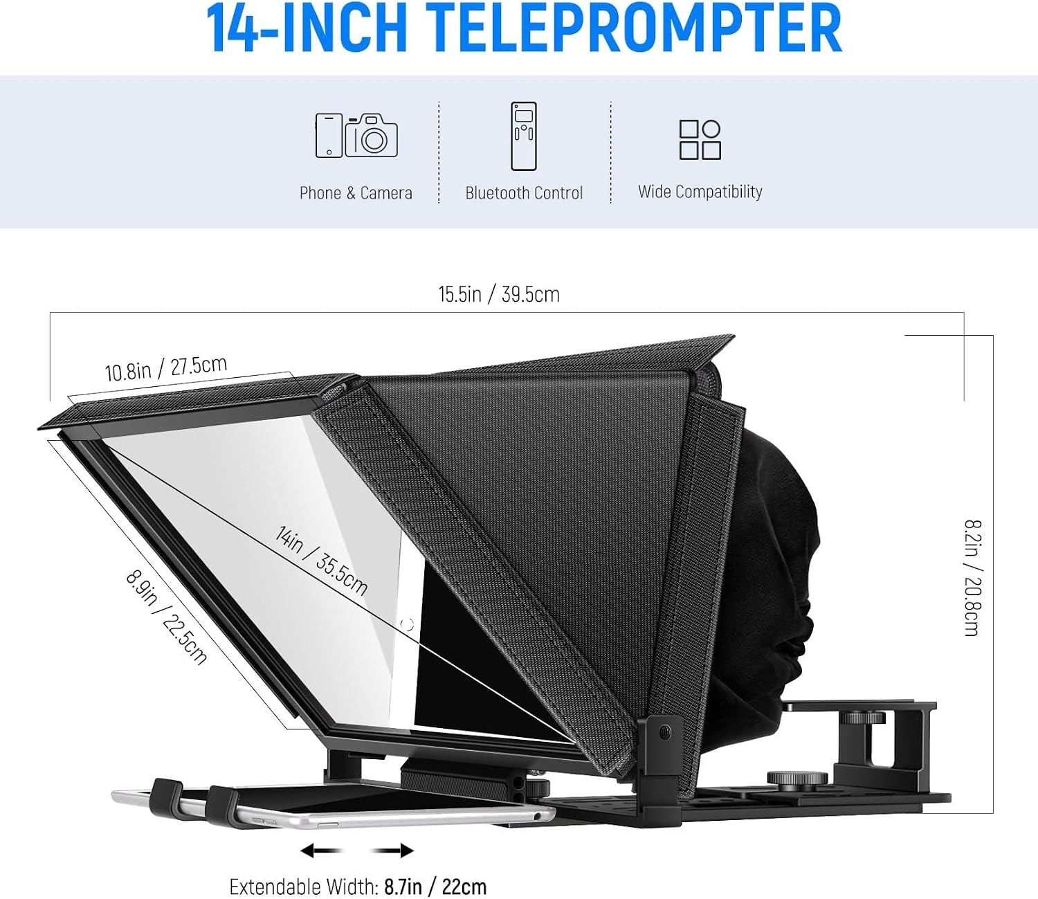 NEEWER X12 14 inch Aluminum Alloy Teleprompter for iPad Tablet Smartphone DSLR Cameras with Remote Control, Carry Case, APP Compatible with iOS/Android for Online Teaching/Vlogger/Live Streaming
